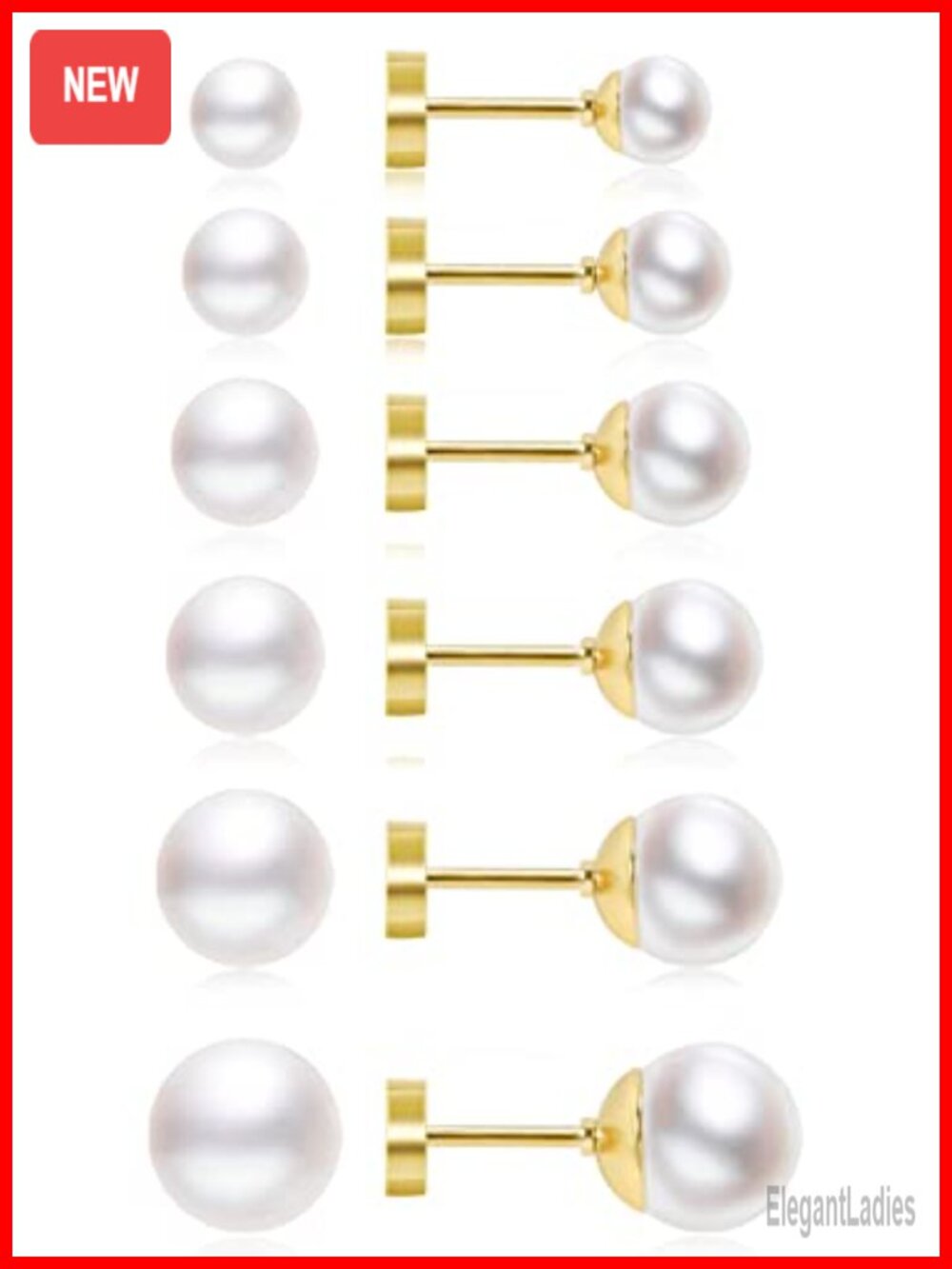 6 Pairs Flat Back Pearl Stud Earrings 14K Gold Plated Hypoallergenic